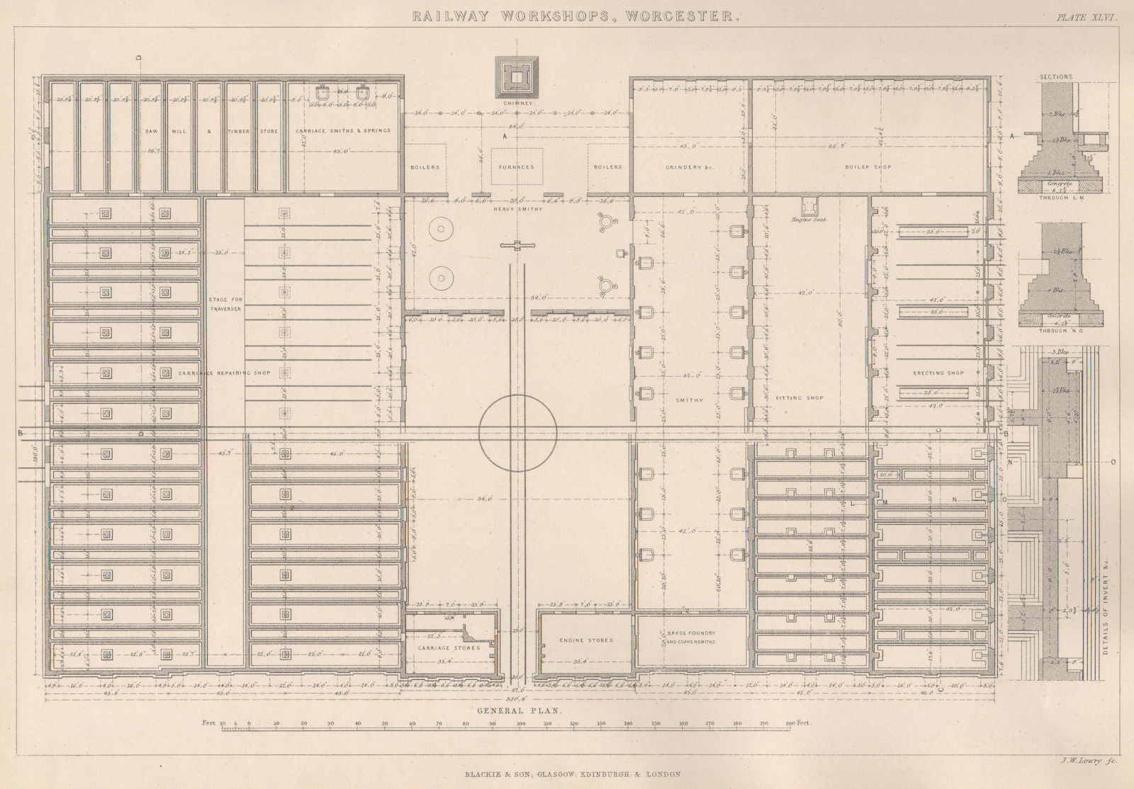 VICTORIAN ENGINEERING DRAWING. Railway workshops, Worcester-General Plan 1876